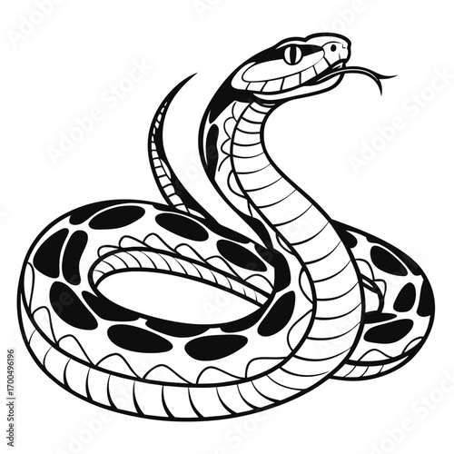 Stylized Coiled Snake Black and White Illustration.