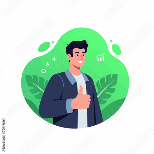 A smiling man gives a thumbs-up gesture against a vibrant green background, conveying success and positive growth.