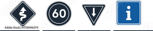 Set of four distinct road signs displayed in a horizontal row silhouette