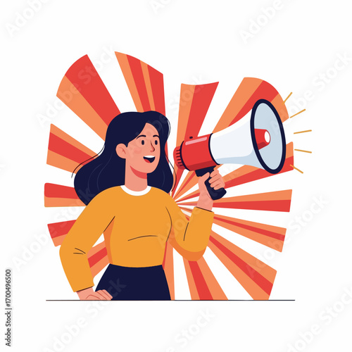 A joyful woman enthusiastically announces news into a megaphone against a vibrant sunburst background.