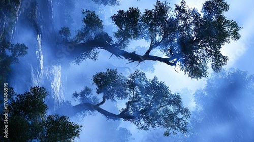 Mystical forest rain nighttime landscape