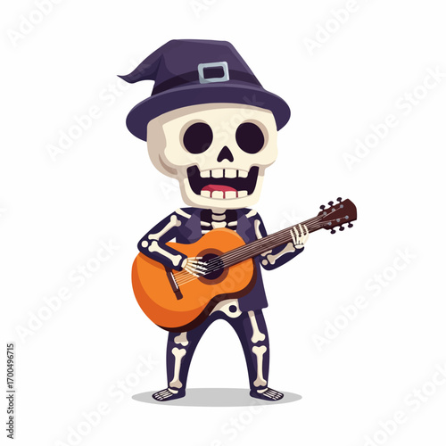 A cheerful skeleton, wearing a witch's hat and costume, joyfully plays an acoustic guitar against a white background.