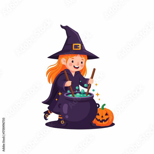 A cheerful young witch stirs a bubbling cauldron of potion, a grinning jack-o'-lantern nearby, creating a whimsical Halloween scene.