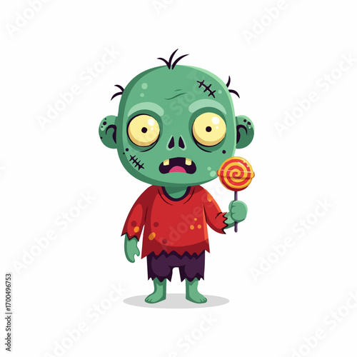 A cute, green zombie child holds a swirl lollipop, showcasing a surprisingly sweet and endearing Halloween character design.