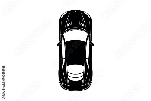 Black silhouette of a sports car viewed from directly above on a white background top view
