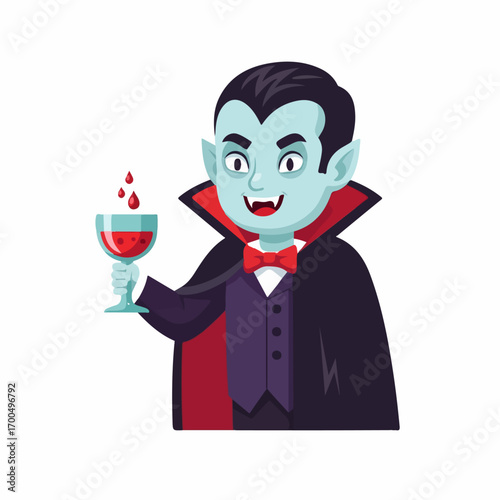 A cute cartoon vampire child playfully raises a glass of blood, embodying Halloween fun against a white background.
