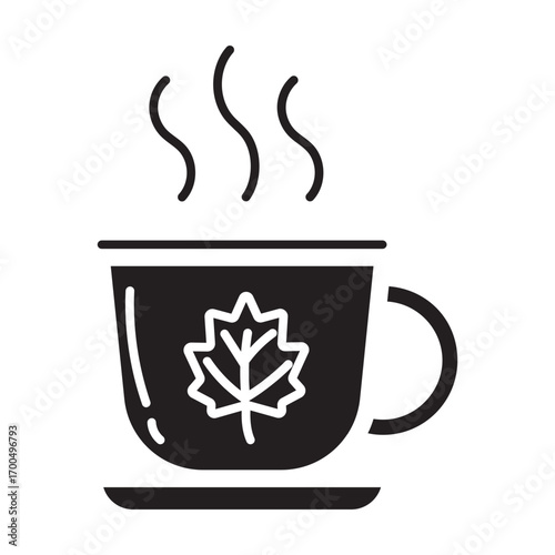 Minimalist Glyph icon of hot tea cup with leaf
