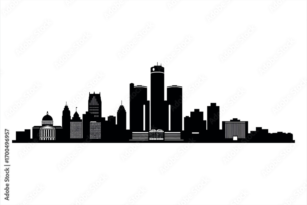 Naklejka premium Black silhouette of Detroit skyline with iconic buildings and dome black and white city
