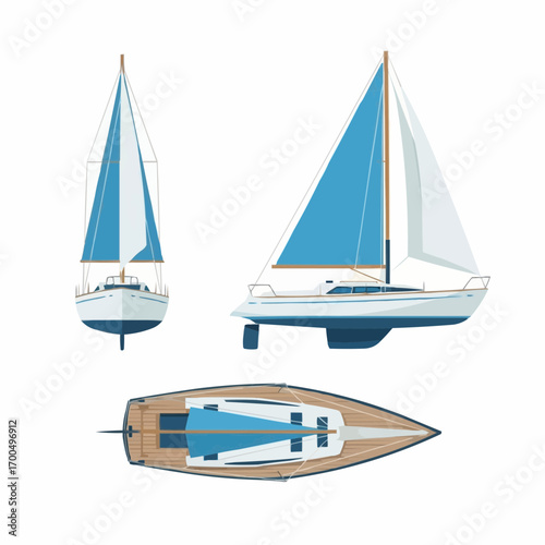 Sailboat Vector Illustration Set: Front, Side, and Top View of Blue and White Sailboat
