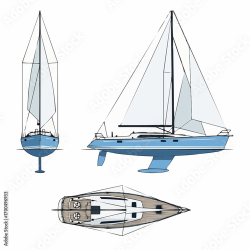 Detailed Blue Sailboat Diagram: Front, Side and Top Views, Sailing Vessel Illustration