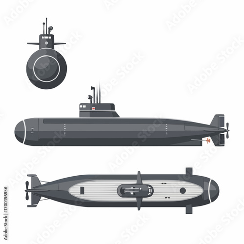 Military submarine vector illustration, underwater vessel side top front view