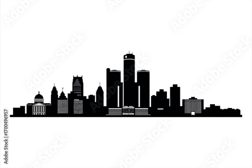 Black silhouette of Detroit skyline with iconic buildings and dome black and white city