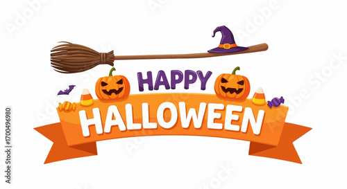 A cheerful Halloween banner features a witch's broom, jack-o'-lanterns, candy, and a celebratory "Happy Halloween" message.