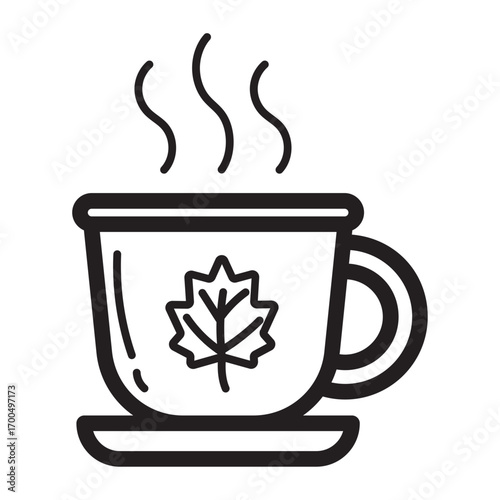 Minimalist line icon of hot tea cup with leaf