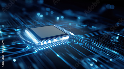 High-detail microchip close-up on motherboard with glowing blue circuit network overlay and dramatic cool lighting