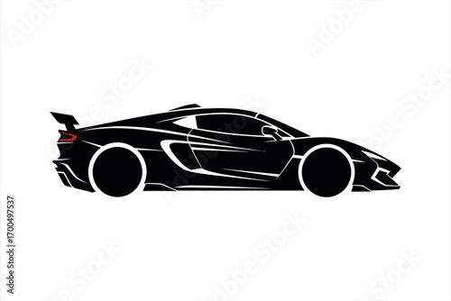 Black sports car silhouette with red taillight and white accents on white background black car supercar
