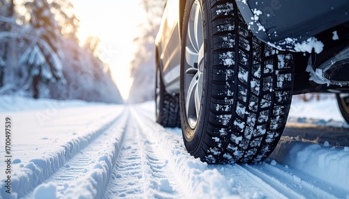 Car wheel with winter tires and a footprint on a snowy road.