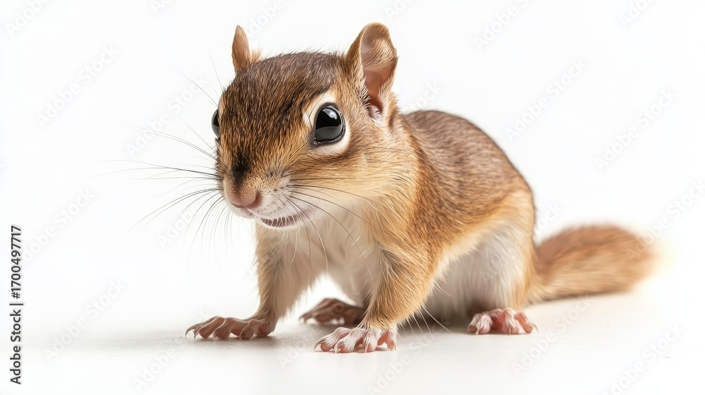 Fototapeta premium Small brown chipmunk with large dark eyes and delicate whiskers is shown in three quarter view against plain white background