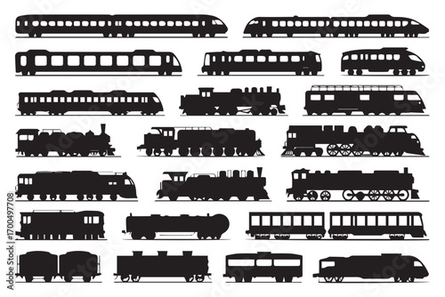 rail transport vector with train silhouettes includes passenger cars freight wagons high-speed and steam locomotive