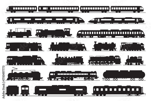 train evolution silhouettes vector showcasing designs from vintage steam to modern bullet train commuter rail