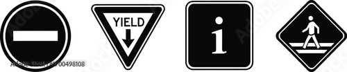 Collection of four essential road signs including stop yield information and pedestrian crossing symbols silhouette