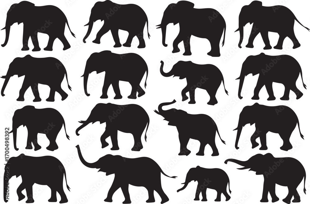Obraz premium vector elephant silhouette set in grid layout showing walking poses wildlife animal clipart ai eps png jpeg files