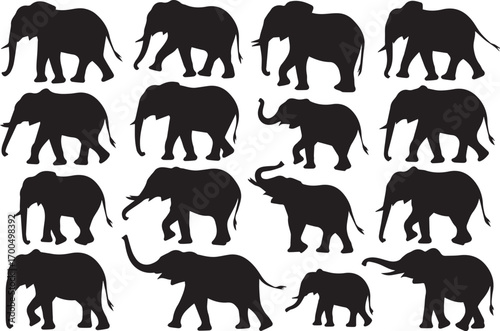 vector elephant silhouette set in grid layout showing walking poses wildlife animal clipart ai eps png jpeg files