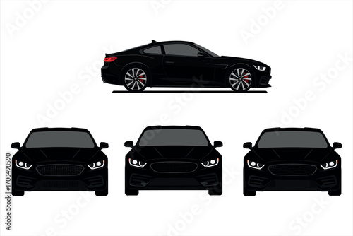 Black sports coupe side view and three black sedan front views black car automobile