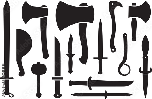 vector silhouettes of combat weapons tactical doubleheaded axe singleheaded axe machete dagger scimitar pan
