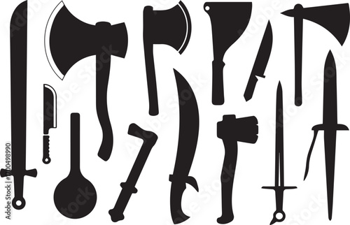 collection of vintage weapon silhouettes featuring axes swords knives daggers machete cleaver baton pan art
