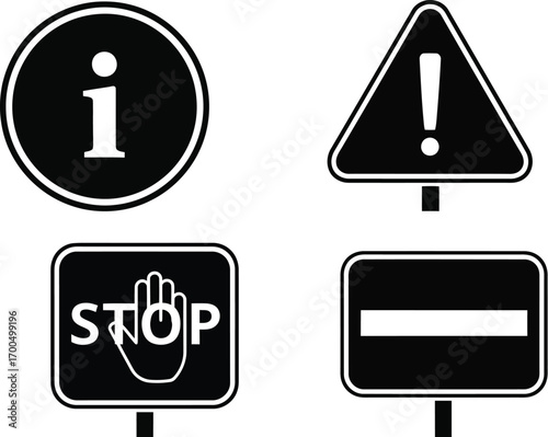 Collection of four essential warning and information symbols for user interfaces and digital design silhouette
