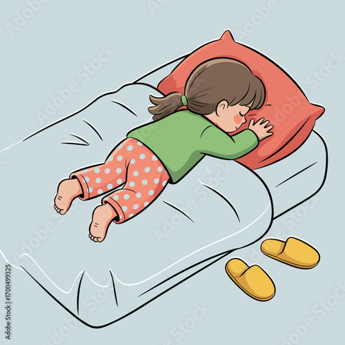 Little girl sleeping peacefully on bed, cozy pajamas, soft blanket, yellow slippers beside bed, calm bedtime, comfortable night rest, good sleep