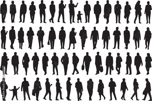 minimal black silhouettes of men women children in urban crowd walking standing interacting vector design