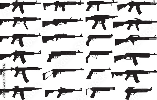 collection of firearm silhouette vectors rifles and submachine guns in a five by five grid for military design