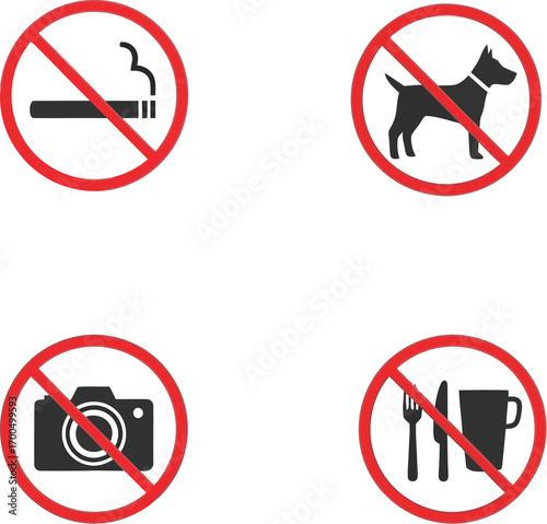 Four red prohibition signs indicating restrictions and forbidden actions icons silhouette