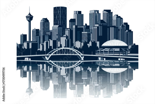 Blue and grey cityscape with arched bridge and domed building reflected in water city skyline urban vector