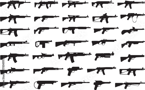 vector silhouettes of rifles and submachine guns side profile military weapon icons collection for print web design