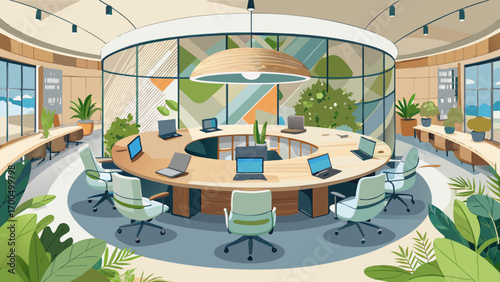 Exquisite 360-degree panorama of a collaborative workspace, featuring a round maple wood desk, contemporary gray chairs, acoustic wall panels, and greenery accents, fostering creativity, comfort, and 