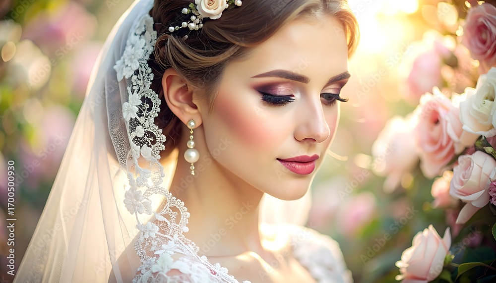 Naklejka premium A beautiful bride adorned with delicate lace and pearls, showcasing exquisite makeup and a serene expression amidst a backdrop of blooming roses.