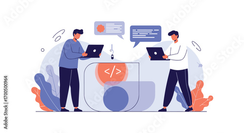 Two developers collaborating on a software development project using laptops and communication tools