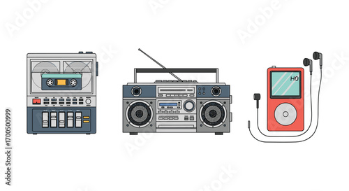 Vintage audio devices including cassette player boombox and portable music player with headphones illustrating music technology evolution