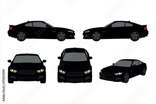 Five black coupe cars shown from multiple angles on a white background black car sports car