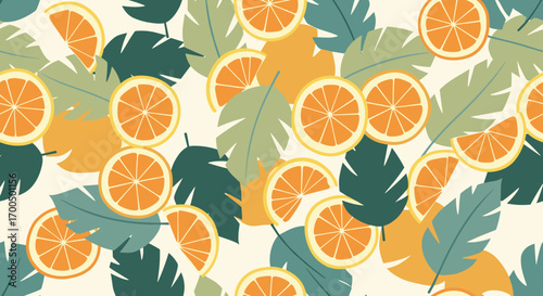Vibrant tropical pattern featuring fresh sliced oranges and lush green and yellow leaves