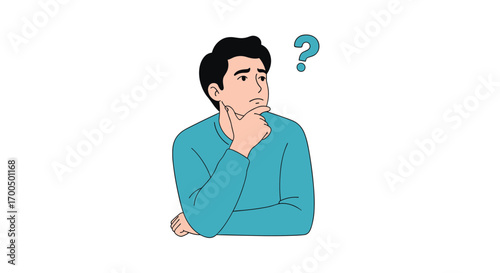 Confused man pondering a difficult question with a question mark above his head showing uncertainty