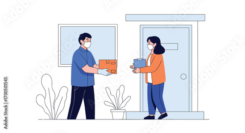 A delivery person wearing a mask handing a package to a woman at her doorstep following safety protocols