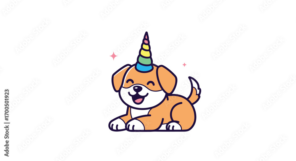 Fototapeta premium Cute little puppy with a rainbow unicorn horn and sparkling stars adorable and playful