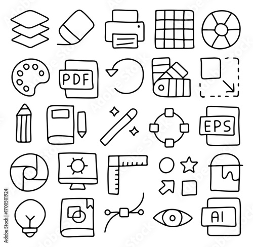 Hand drawn graphic design icons set, doodle creative tools and software symbols including PDF, AI, EPS, color palette, layers, pencil, printer, ruler, magic wand, vector editing illustration