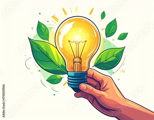 Hand switching off a light bulb with a green leaf icon next to it, symbolizing green renewable energy