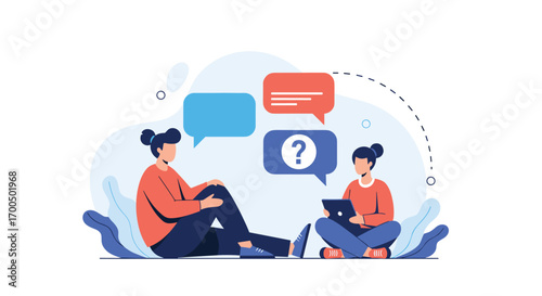 Two people discussing ideas with speech bubbles and a question mark illustrating communication and problem-solving concepts