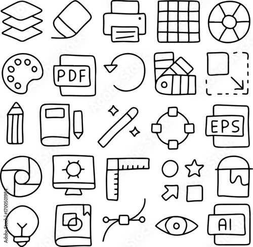 Hand drawn graphic design icons set, doodle creative tools and software symbols including PDF, AI, EPS, color palette, layers, pencil, printer, ruler, magic wand, vector editing illustration